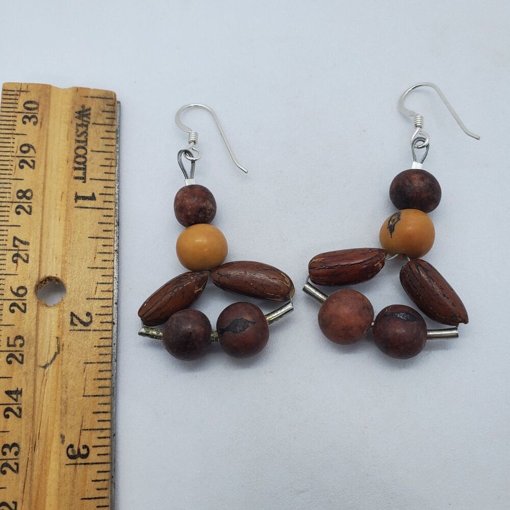 Sterling Silver and Wood Bead Dangle Earrings 925